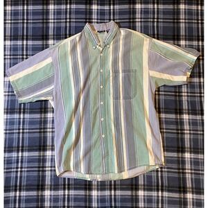 Bon Homme Mens Short Sleeve Button Down Shirt Blue Teal Striped Cotton Size M